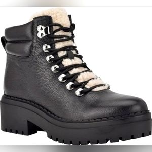 Marc Fisher Women's Nairy Leather Boot, Size 9.5, Black Lace-Up Faux Fur New